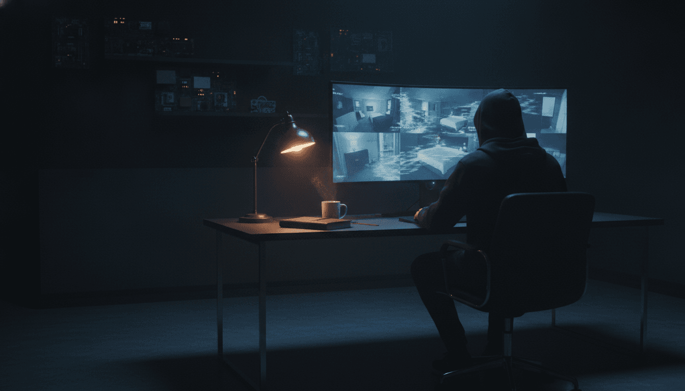 夜の暗い部屋で、フードをかぶった人物が机の大きなモニターに向かっている。画面にはホテルの部屋を映した監視映像のような画像が乱れて表示され、琥珀色のデスクランプだけが灯っている