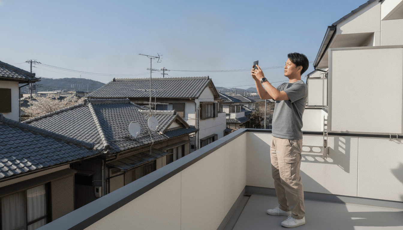屋外で空に向けてスマートフォンをかざし、画面の方位表示を確かめている場面