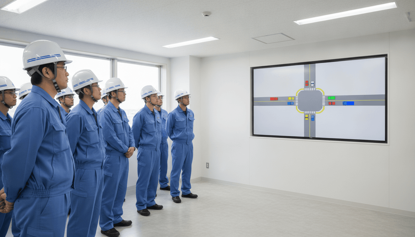ヘルメット姿の作業員たちが、壁のスクリーンに映る交差点の俯瞰3Dシーンを見ている安全教育の場面