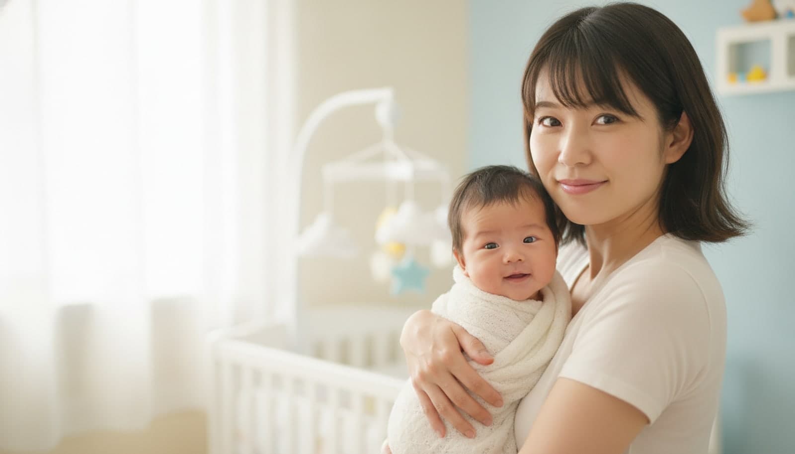 淡い水色の子ども部屋で、白い毛布にくるんだ新生児を抱いた母親がやさしい表情でこちらを見ている