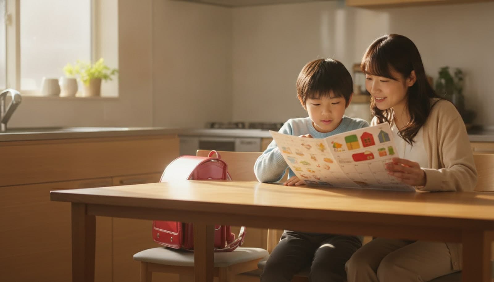 朝の光が差すキッチンのテーブルで、親と小学生の子どもがカレンダーの紙を一緒に見ている。そばの椅子には赤いランドセルが置かれている
