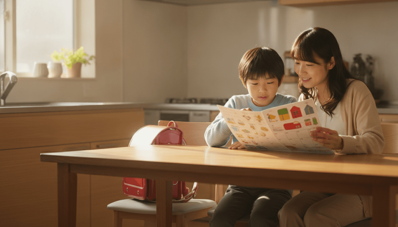 朝の光が差すキッチンのテーブルで、親と小学生の子どもがカレンダーの紙を一緒に見ている。そばの椅子には赤いランドセルが置かれている