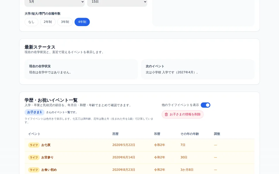 学歴早見表のイベント一覧画面。お七夜・お宮参り・お食い初めなどのライフイベントが、西暦・和暦・その年の年齢とともに表形式で表示されている