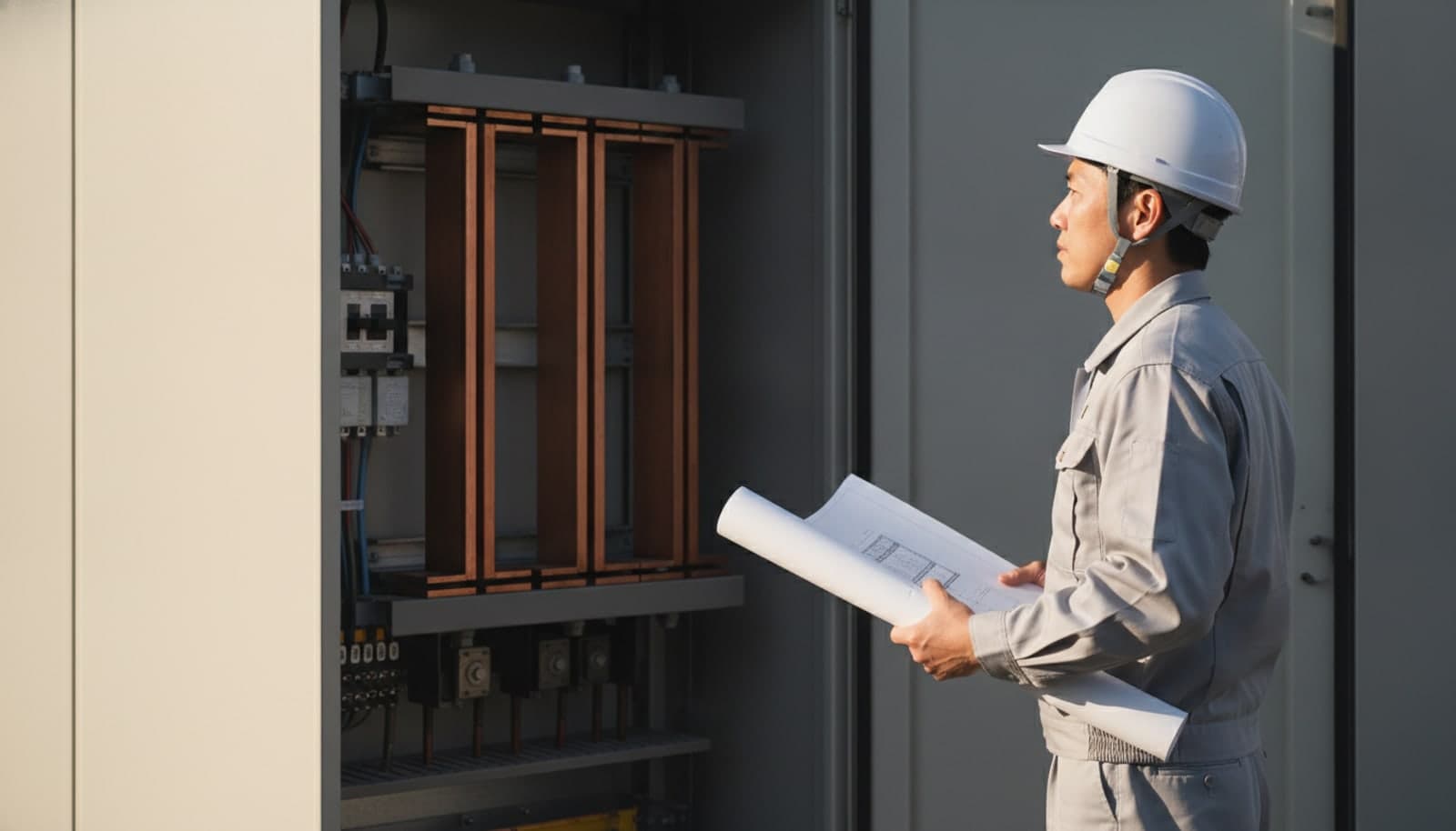 扉の開いたキュービクル式受電設備の前で、白いヘルメットと作業服姿の電気技術者が図面を手に、母線や機器の並びを確かめている