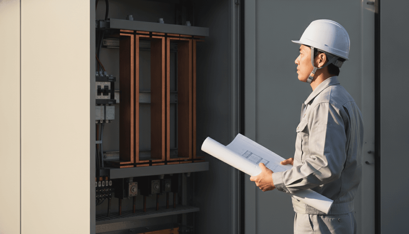 扉の開いたキュービクル式受電設備の前で、白いヘルメットと作業服姿の電気技術者が図面を手に、母線や機器の並びを確かめている