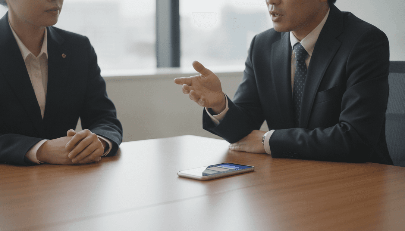 会議室のテーブルで向き合って商談する2人のあいだに置かれ、画面が点灯しているスマートフォン