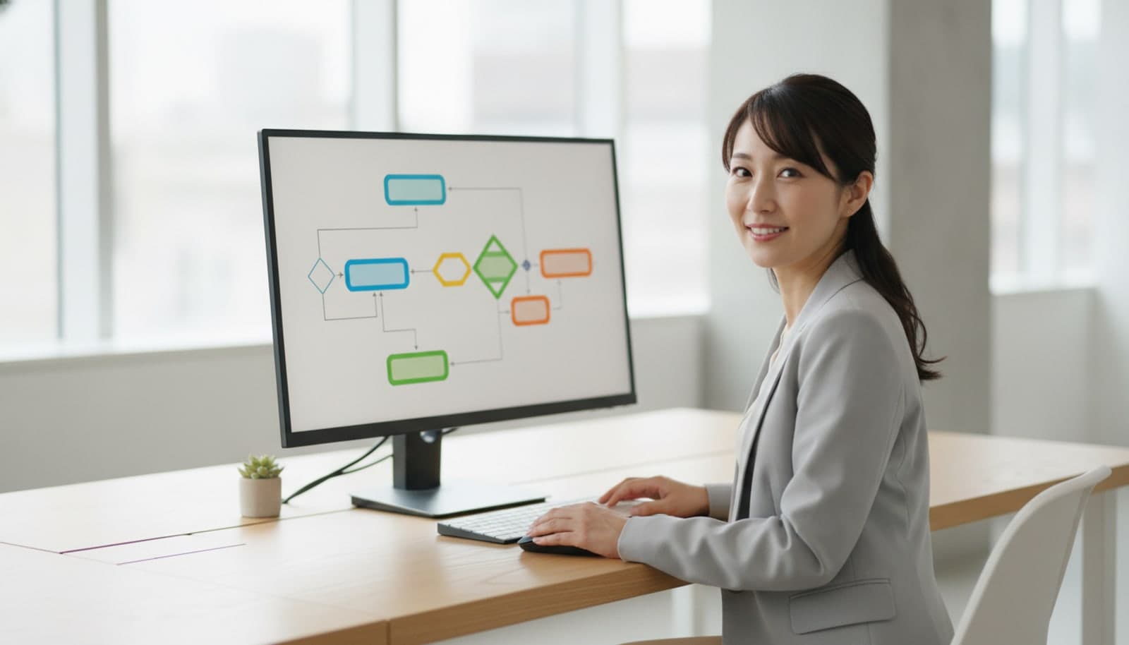 明るいオフィスの机で、マウスに手を添えた女性がこちらを向いて微笑んでいる。モニターには角丸の箱とひし形を直角の線でつないだフローチャートが表示されている