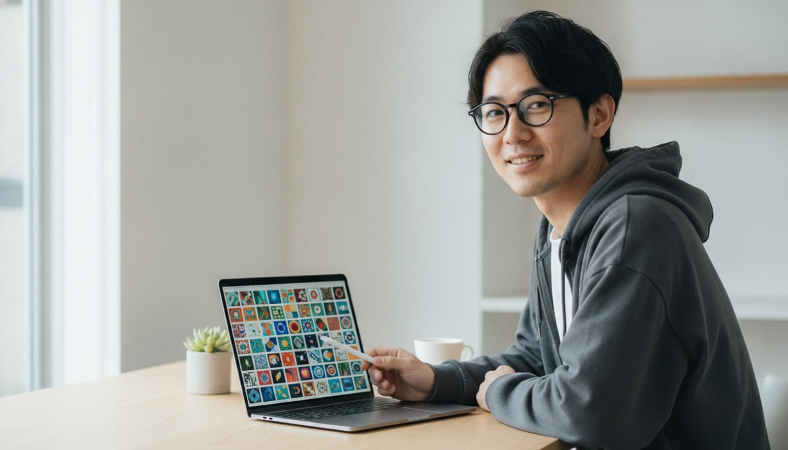 明るい部屋の机で、眼鏡をかけた若い男性がスタイラスを手に笑顔を向けている。ノートPCの画面にはカラフルな生成画像のサムネイルが格子状に並んでいる