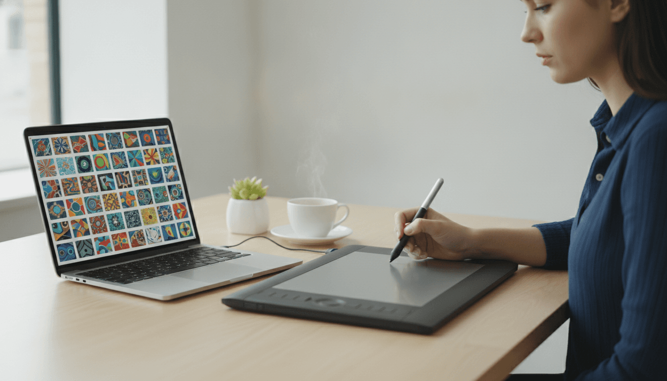 明るい机でスタイラスペンを手にした人物がペンタブレットに向かい、隣のノートPCの画面にはカラフルな生成画像のサムネイルが格子状に並んでいる