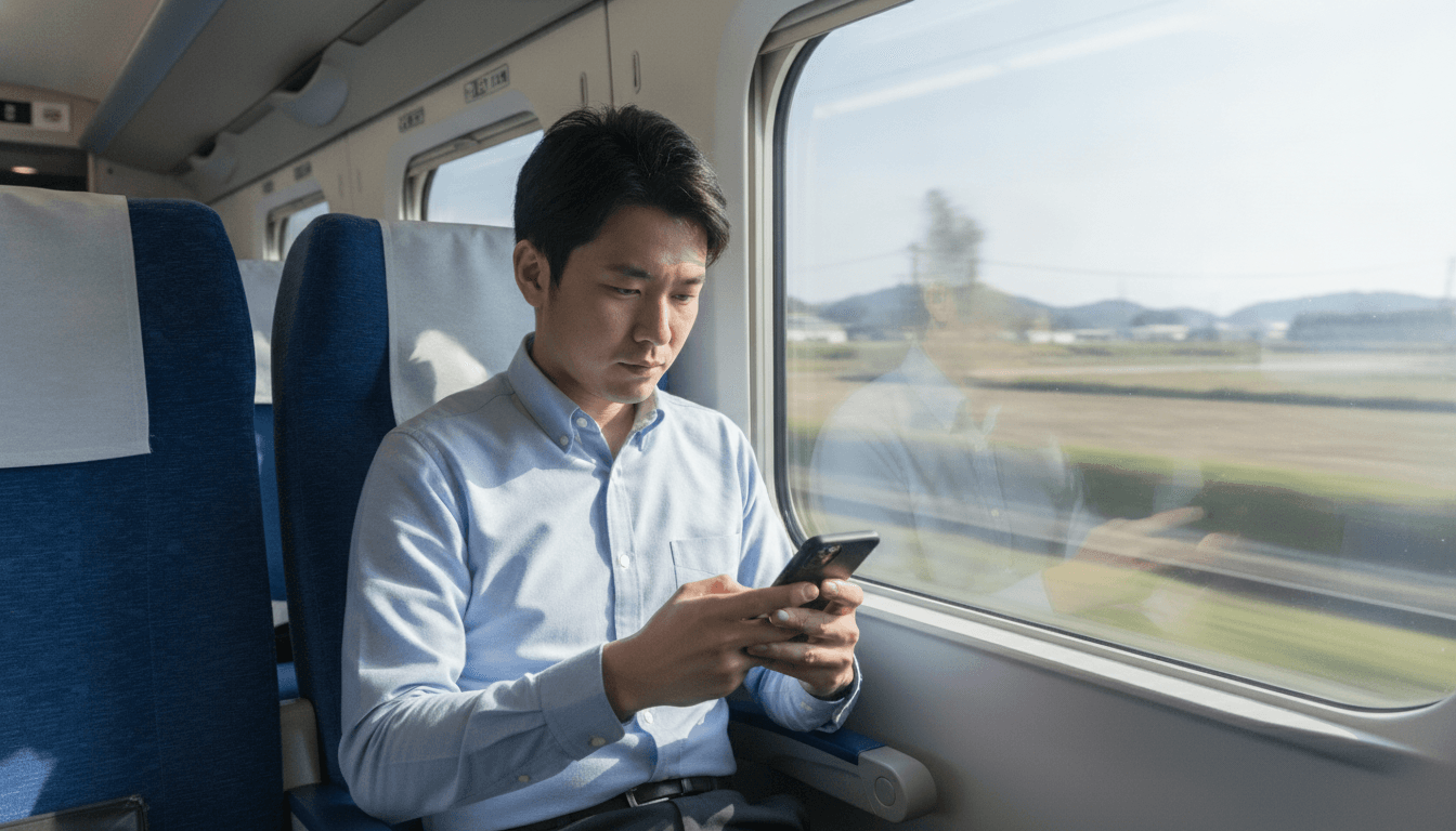 新幹線の窓側の席に座った乗客が、両手でスマートフォンを操作している。窓の外には晴れた田園風景が流れている