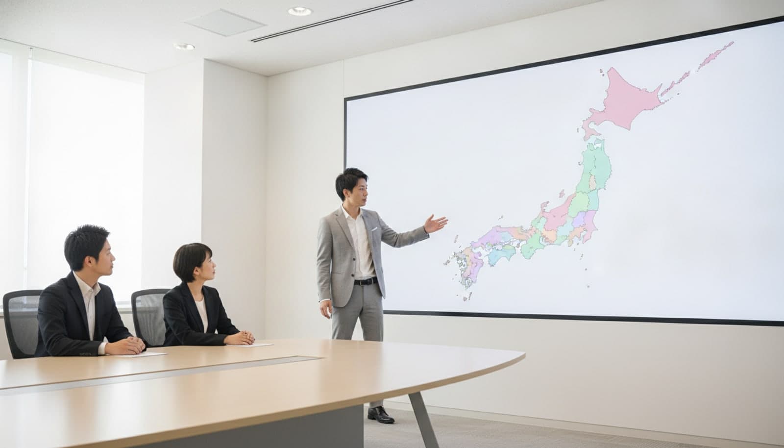明るい会議室で、発表者が壁の大型スクリーンに映った日本地図を指し示している。地図は都道府県ごとにパステルカラーで塗り分けられ、2人の同僚が席から見ている