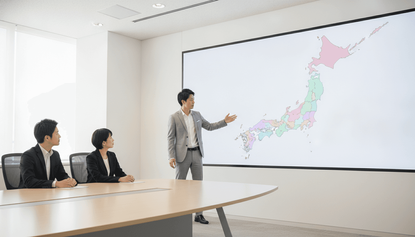 明るい会議室で、発表者が壁の大型スクリーンに映った日本地図を指し示している。地図は都道府県ごとにパステルカラーで塗り分けられ、2人の同僚が席から見ている