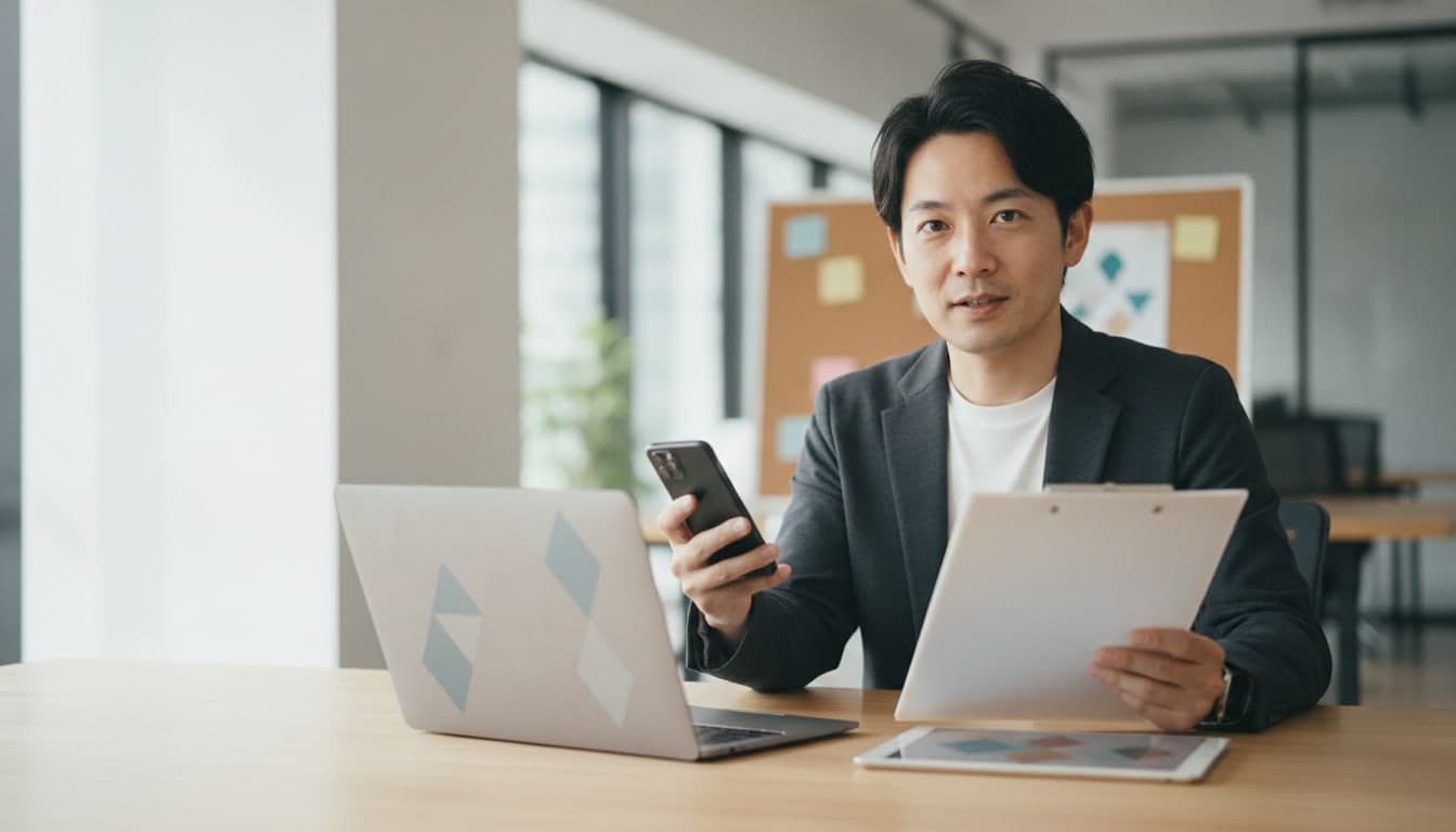 机でスマートフォンとクリップボードを手に持ち、ノートPCの前からこちらを向いている男性のWeb開発者