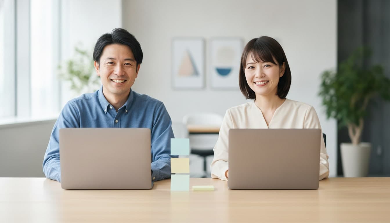 会議机でノートPCを前に並んで座り、こちらを向いてほほえむ男女の同僚