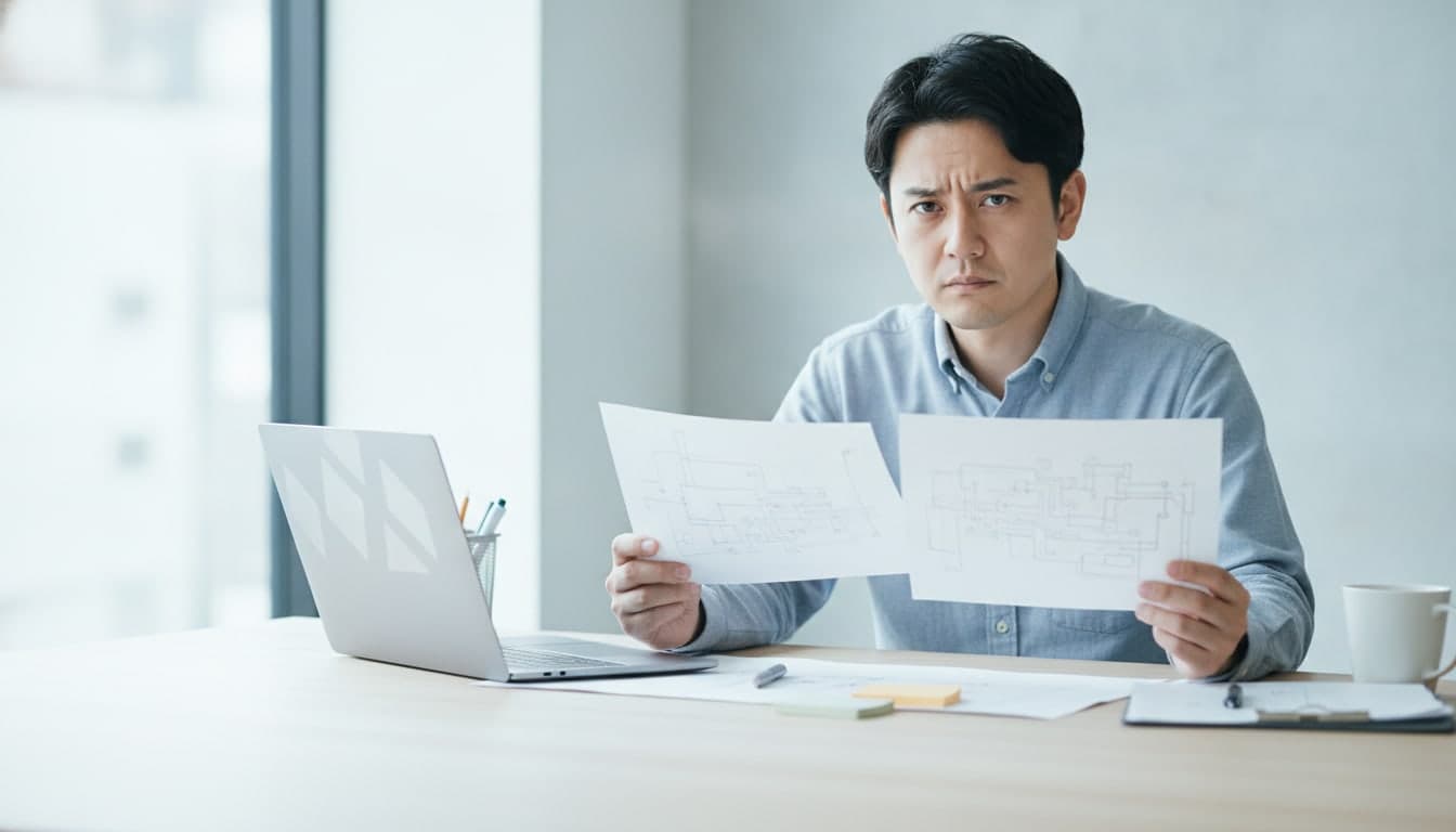 明るいオフィスの机で、線図の描かれた2枚の紙を見比べながら、こちらを向いている男性の技術者