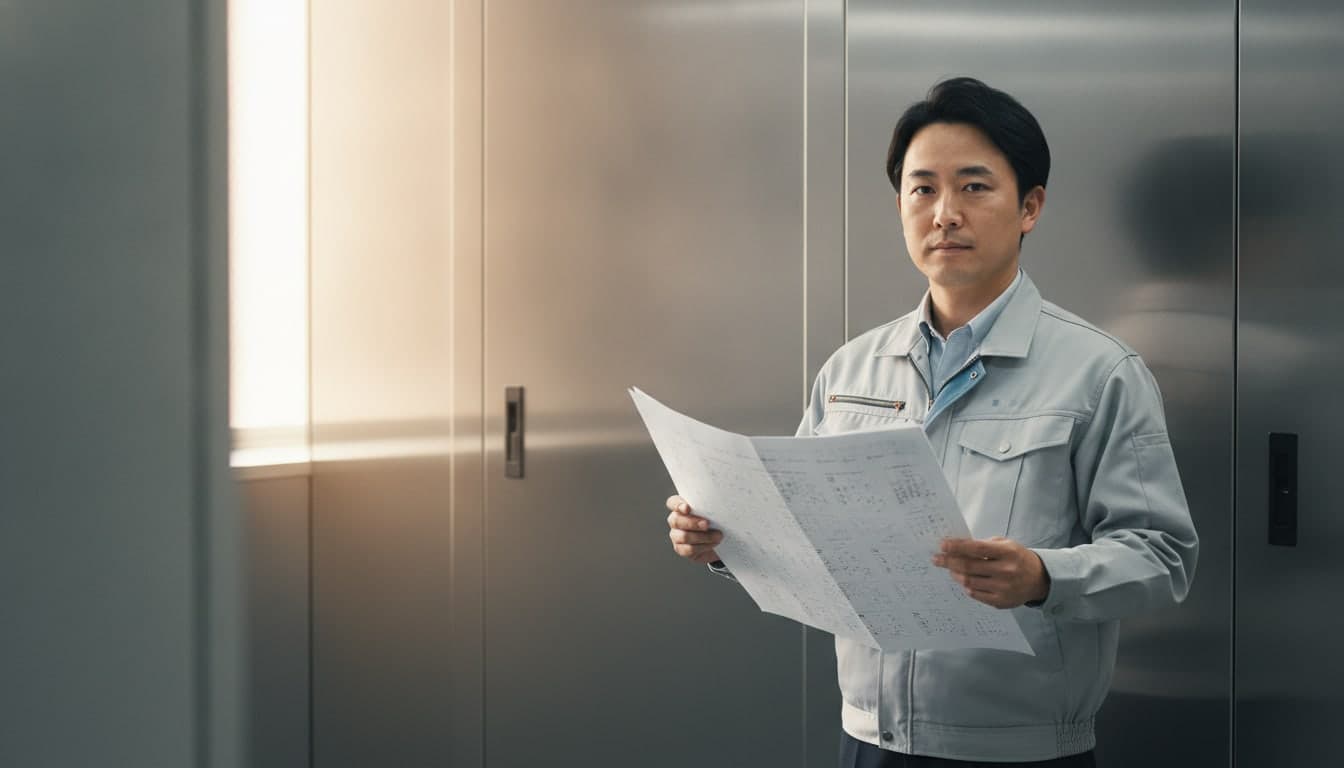 受変電設備の金属製の盤の前で、細かな記号が並ぶ大きな図面を持ち、こちらを向いて立つ作業服姿の男性技術者