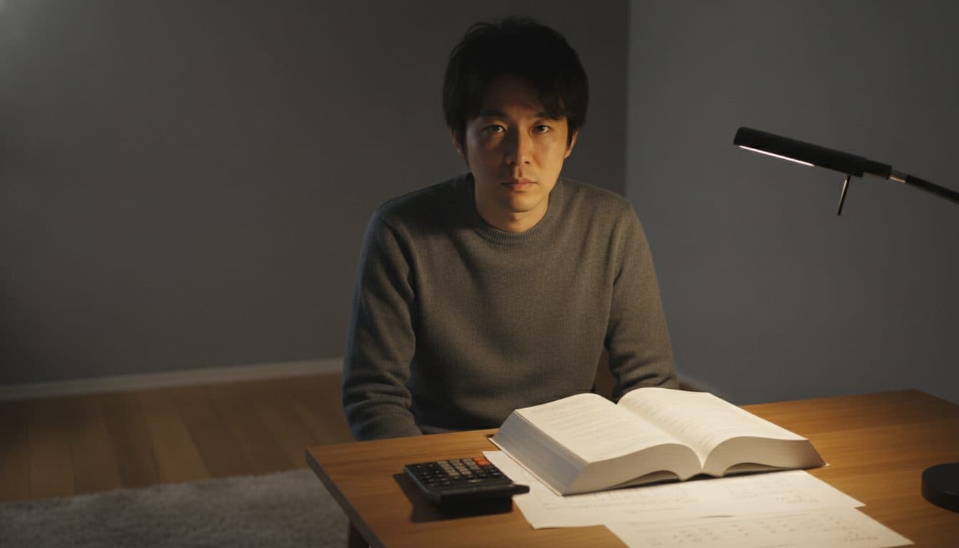 自室の机で参考書と計算用紙を広げ、電波伝搬の問題に取り組んでいる日本人の受験者