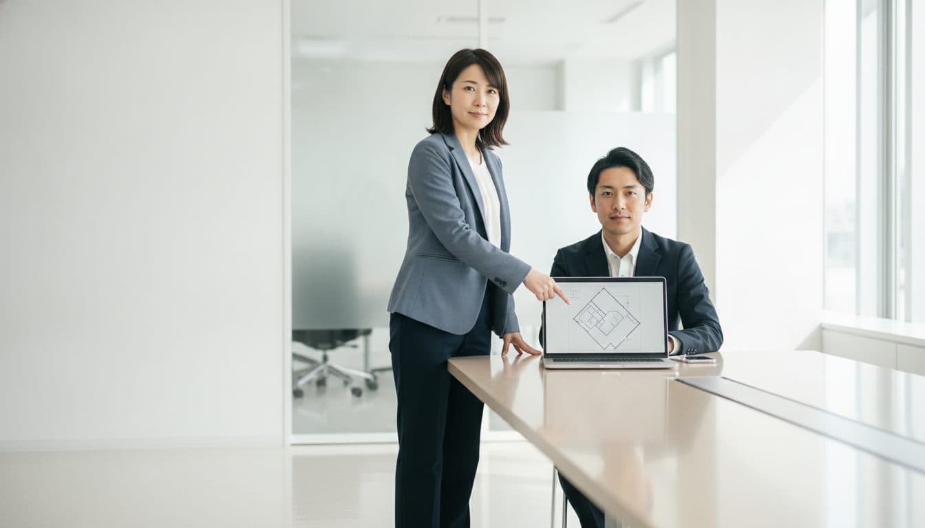 会議室でノートパソコンの現場平面図を示しながら、カメラ配置の検討結果を説明している日本人の担当者