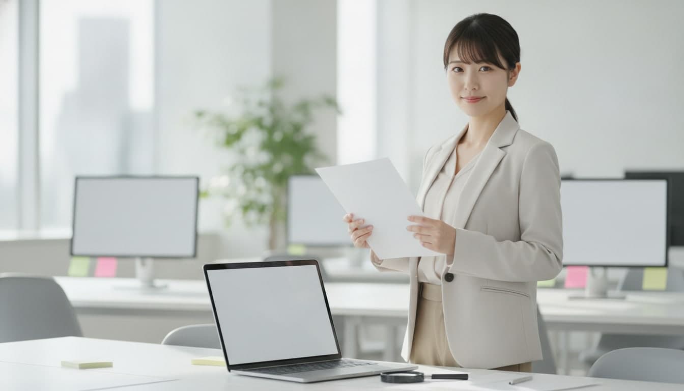 明るいオフィスで、ノートPCの横に書類を持って立ち、こちらを向いている女性の会社員。机の上には虫眼鏡が置かれている