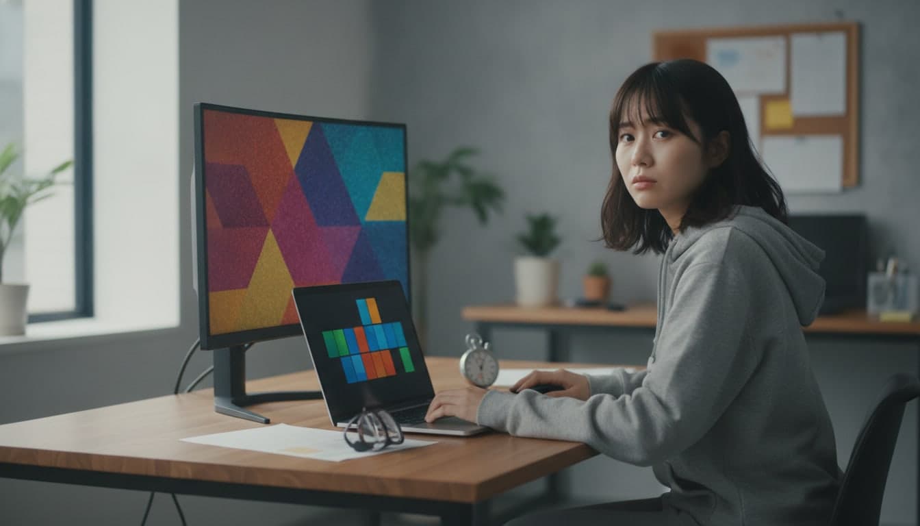 ノートPCと外部モニターの並ぶ机で、ストップウォッチを横に置き、少し首をかしげてこちらを向く女性の開発者