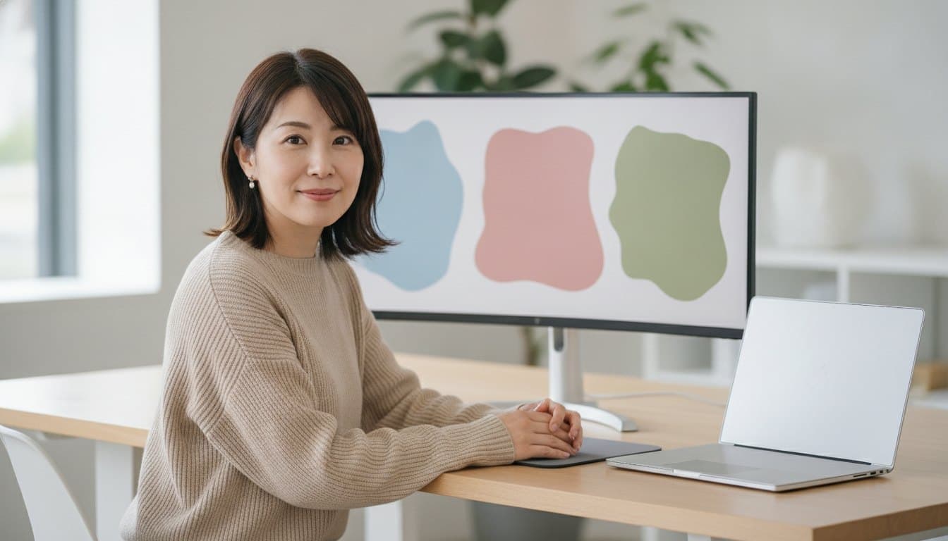 複数のペインに分かれた画面を背に、こちらを向いて座っている女性の開発者
