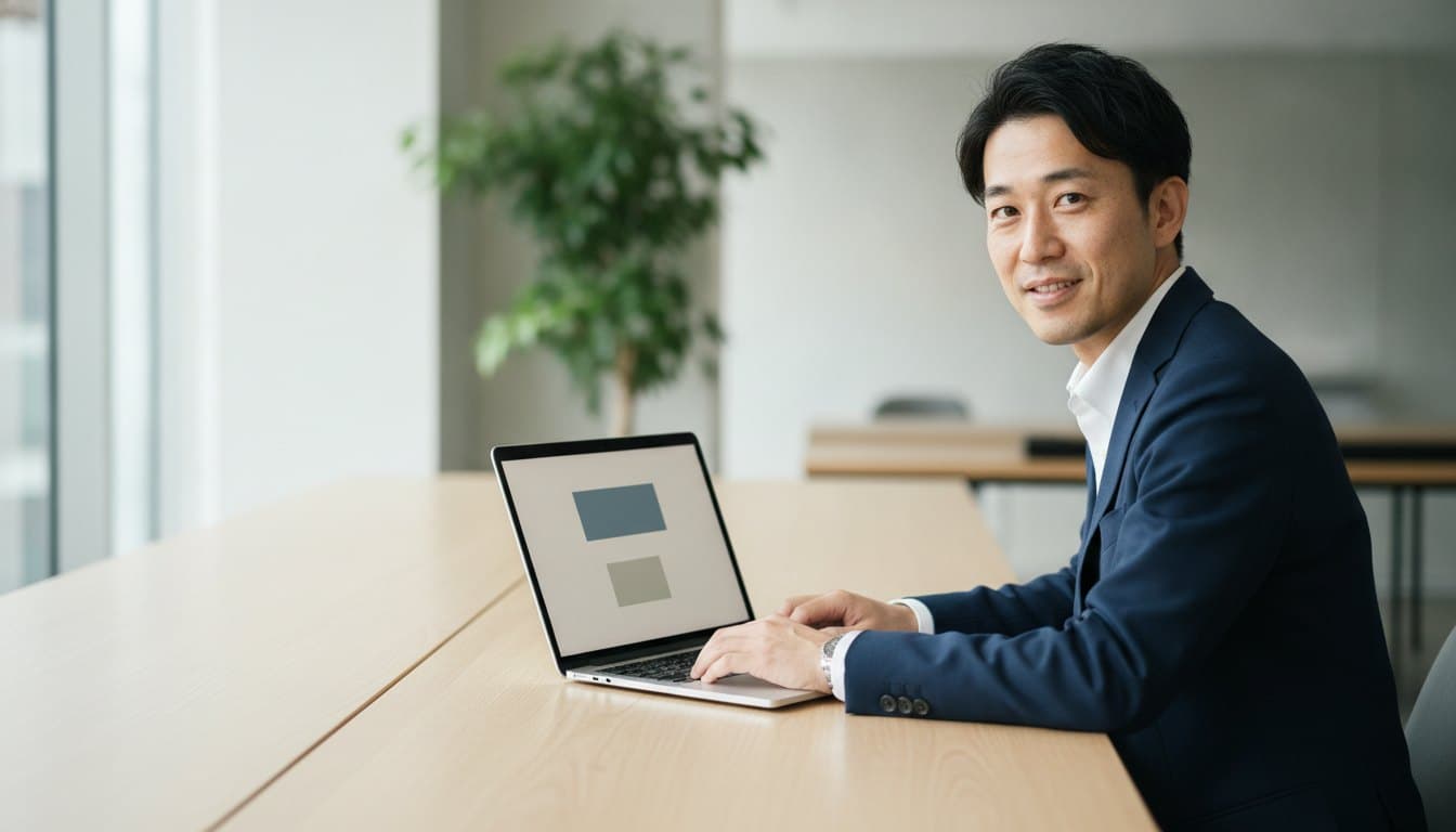設定中のノートパソコンの前で、こちらを向いて座っている男性