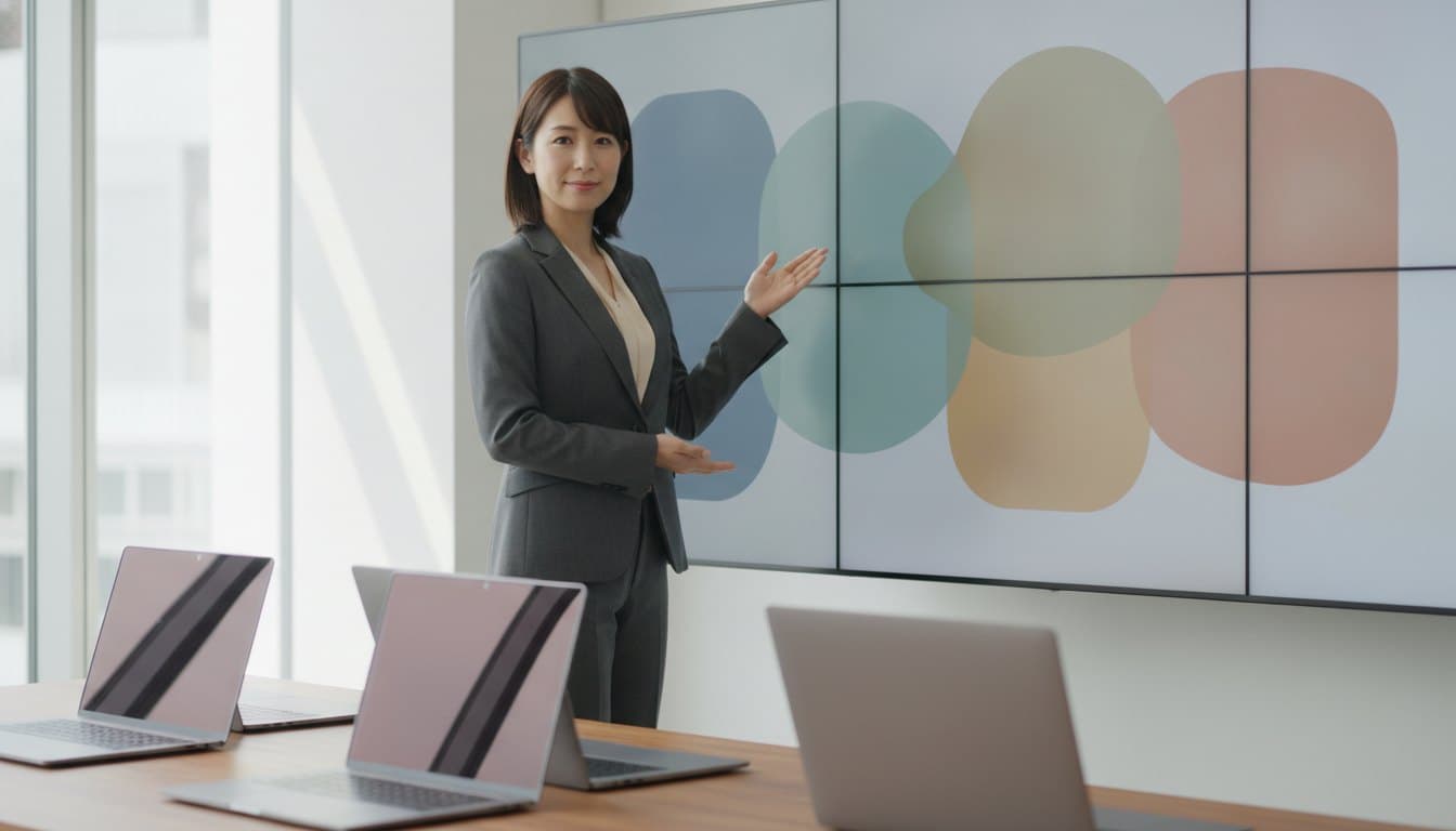 分割された画面の前で、こちらを向いて説明している女性の開発者