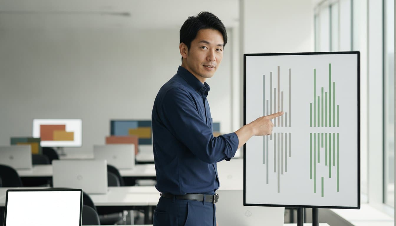 差分の並んだ画面を指しながら、こちらを向いている男性の開発者