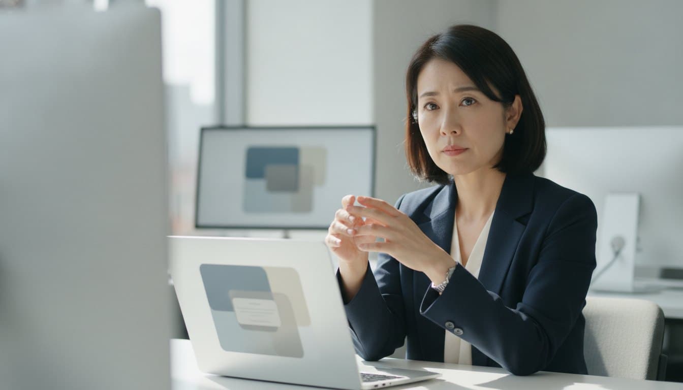 確認の表示が出た画面の前で、手を止めてこちらを向いている女性