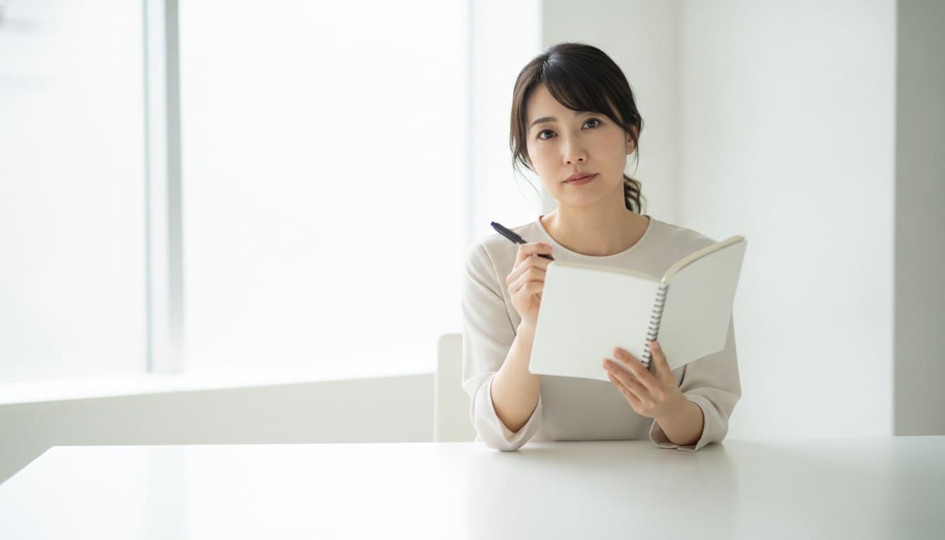 開いたメモ帳とペンを手に、こちらを向いて考えている女性の開発者
