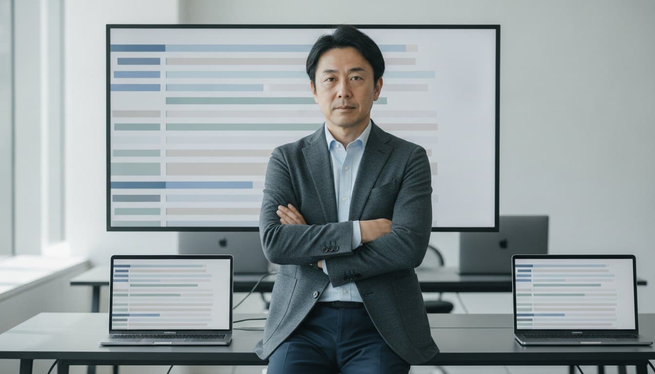履歴の並んだ画面を背に、腕を組んでこちらを向いている男性