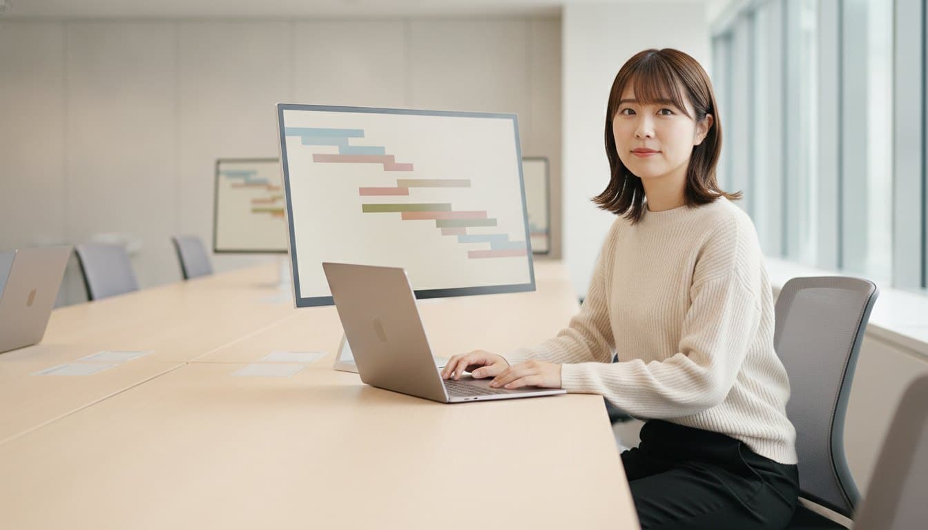規約のファイルを開いた画面の前で、こちらを向いている女性の開発者
