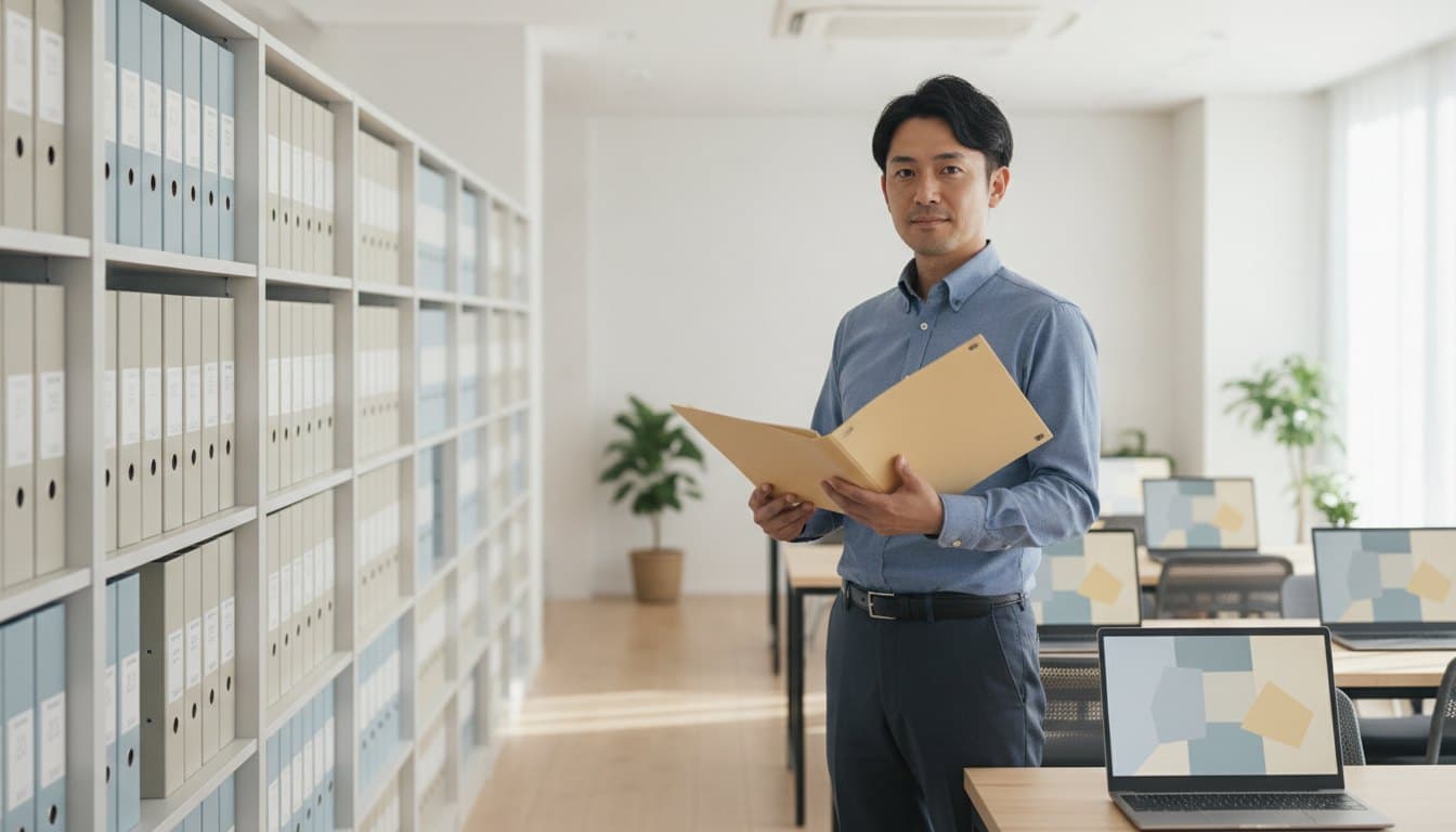 手順書のファイルを手に持ち、こちらを向いて立っている男性