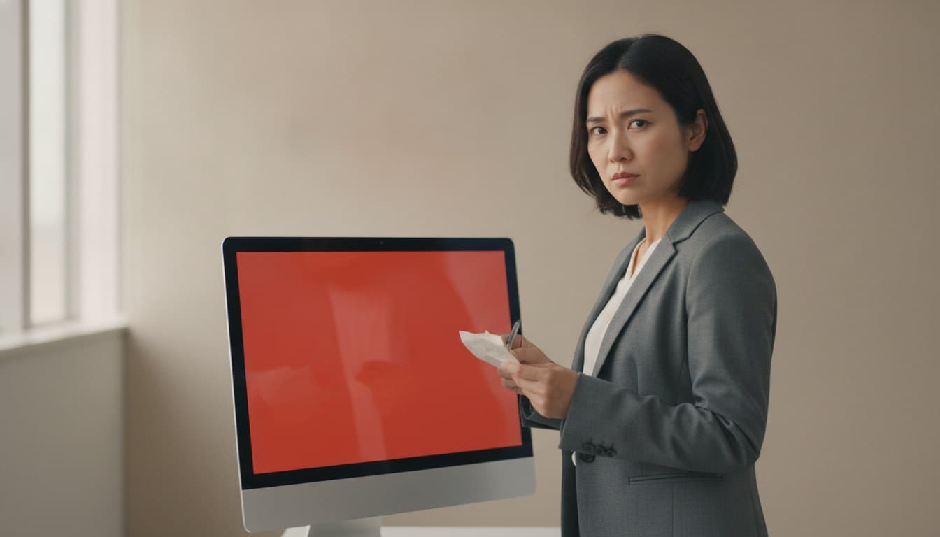 エラーの出た画面とメモを見比べながら、こちらを向いている女性の開発者