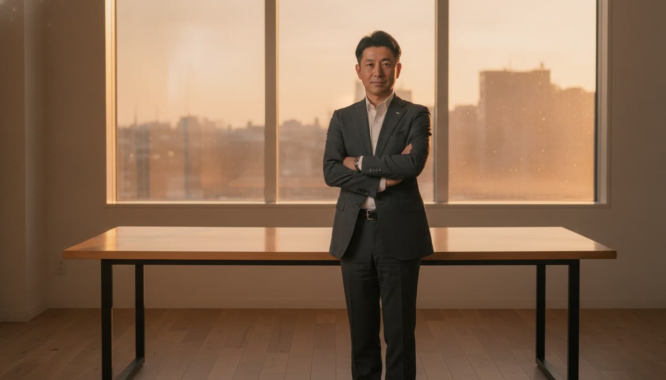 作業を終えた机の前で、腕を組んでこちらを向いている男性の開発者
