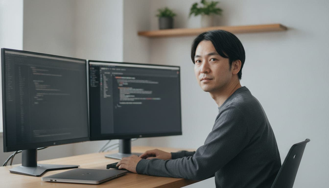 複数のモニターにターミナルとプルリクエストの一覧を映した机で、こちらを向いて座っている男性の開発者