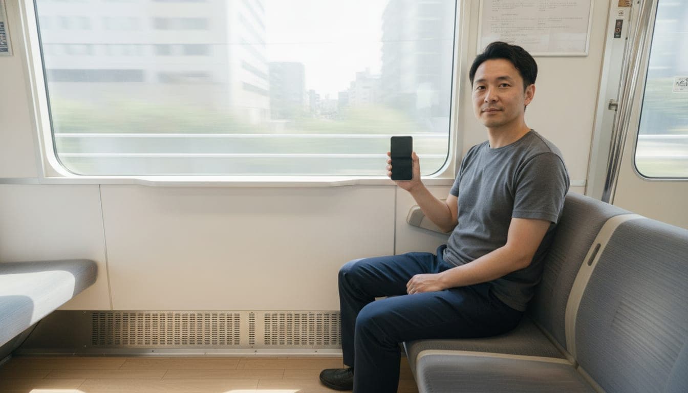 電車の窓際の座席でスマートフォンを手に持ち、こちらを向いて座っている男性