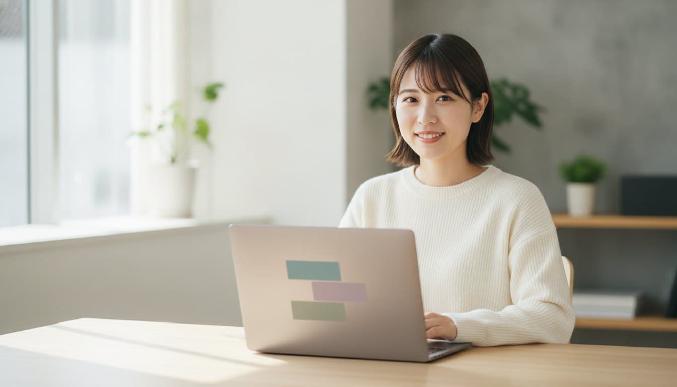 ノートパソコンの前で初期設定の画面に向かい、こちらを向いている女性