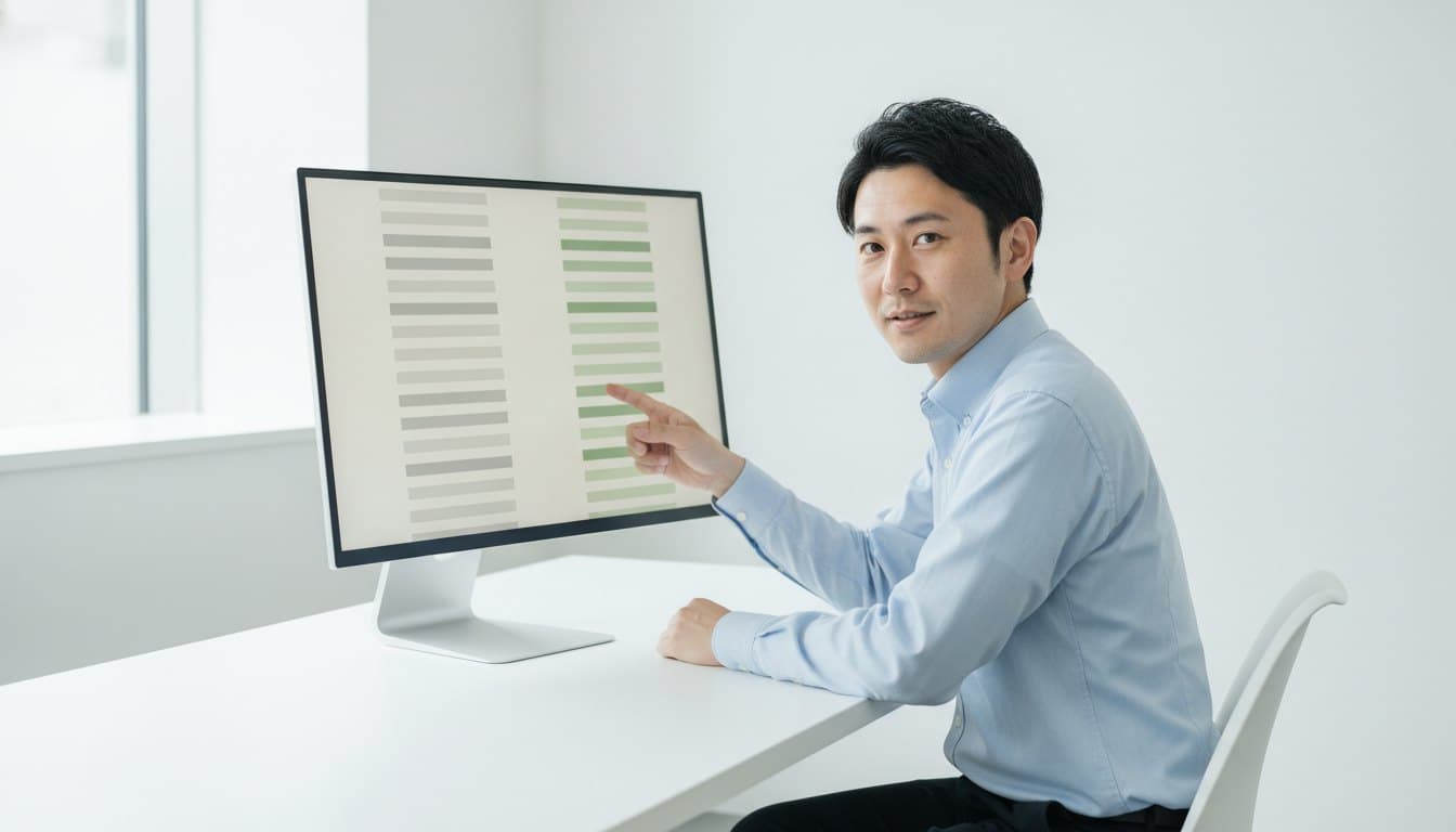 画面に表示された差分を指さしながら、こちらを向いている男性の開発者