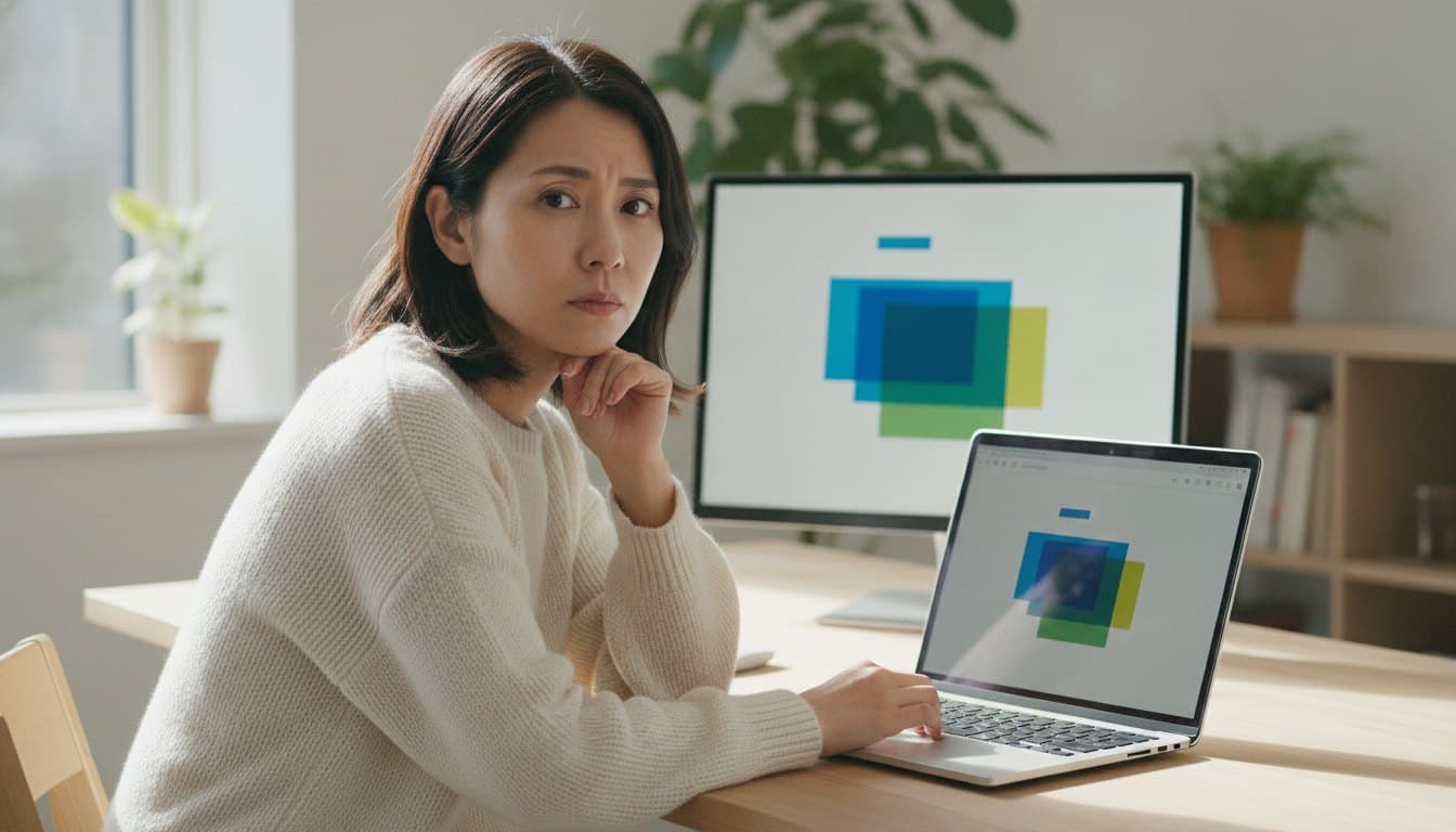 設定画面を開いたノートパソコンの前で、考える表情でこちらを向いている女性