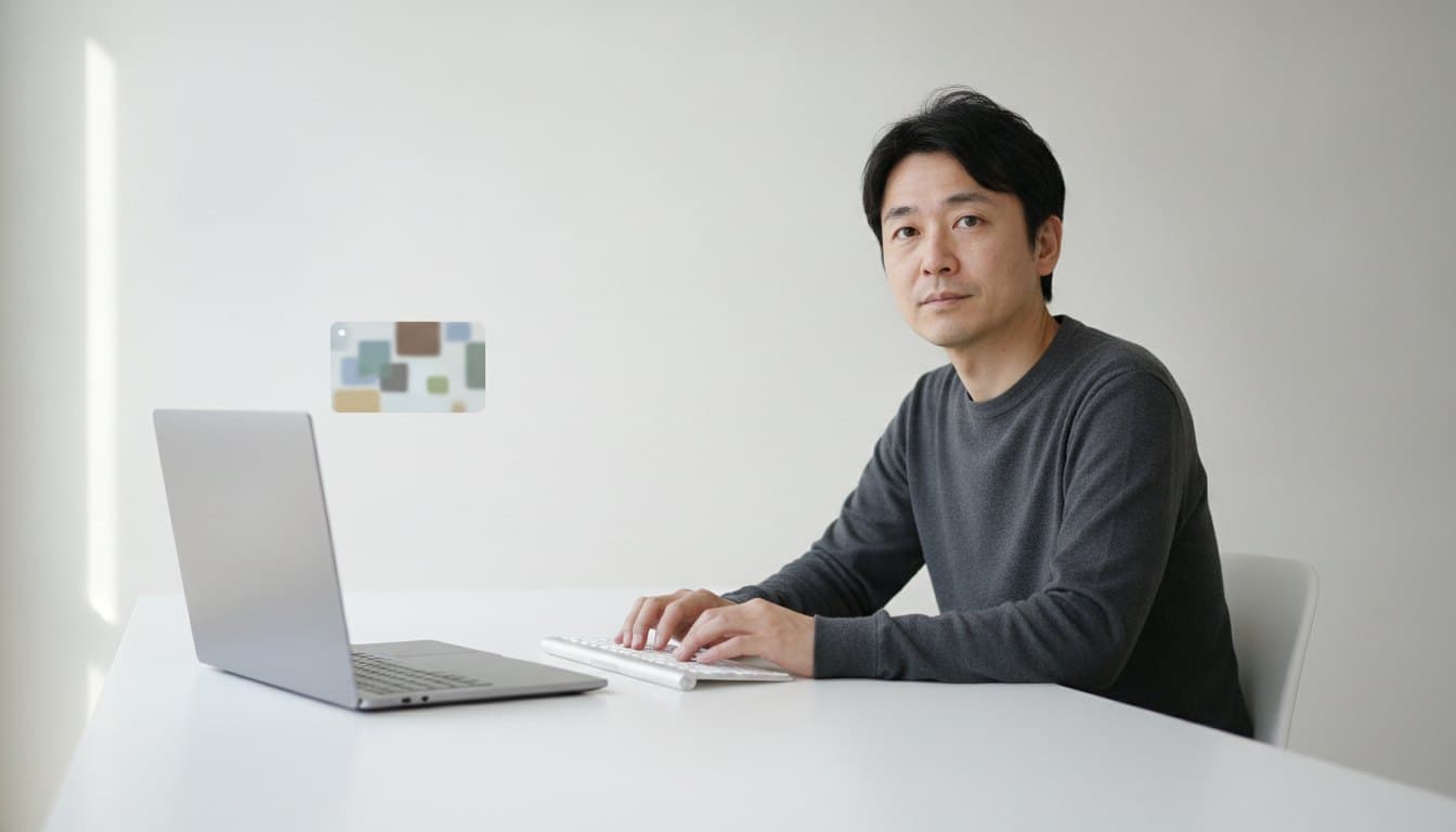 白い机でキーボードに手を置いたまま、こちらを向いている男性