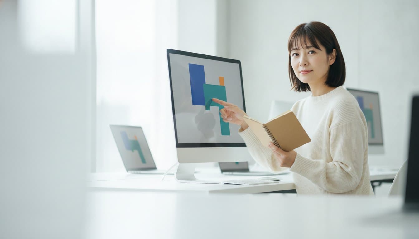 手元のメモと画面を見比べながら、こちらを向いている女性の開発者