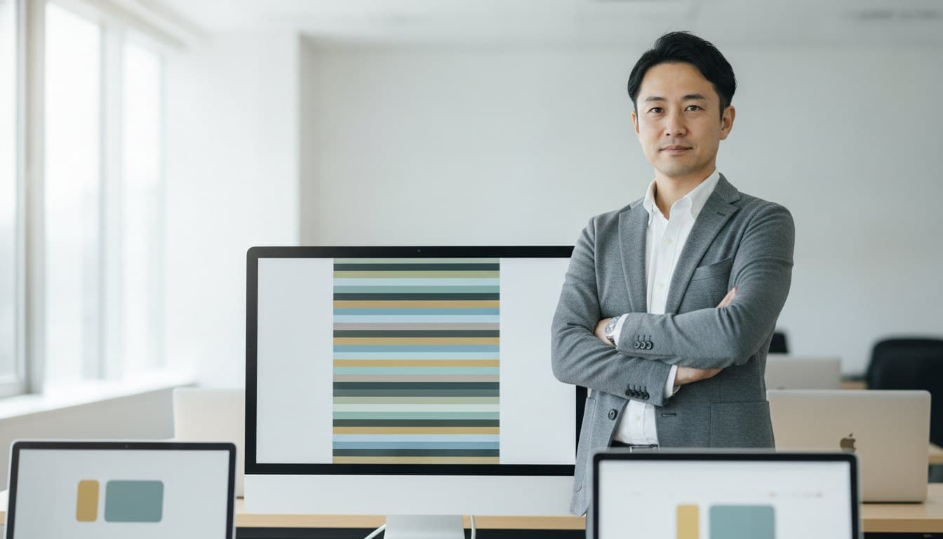 コミット履歴が並んだ画面の前で、こちらを向いて腕を組んでいる男性