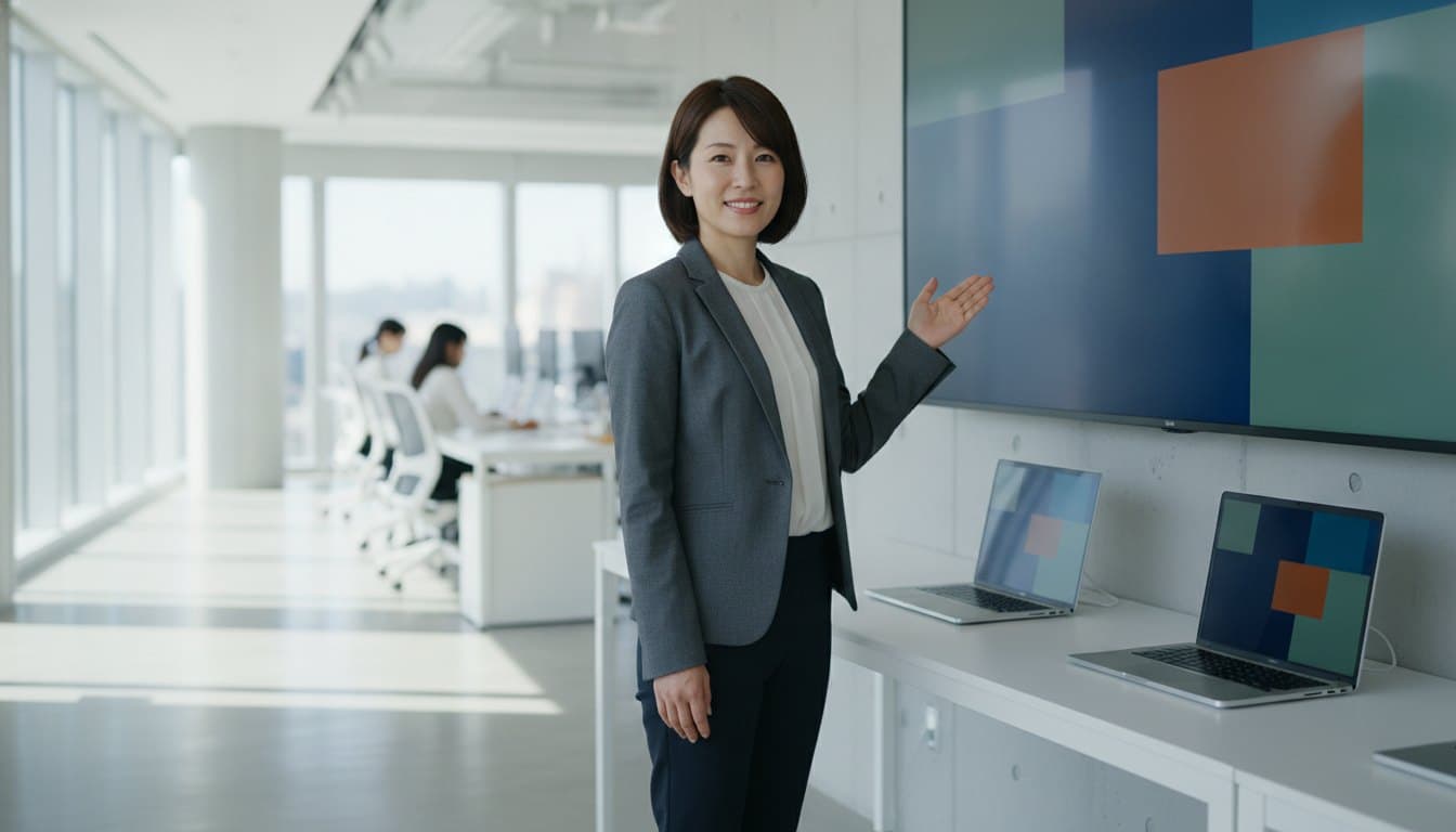 レビュー画面を開いたディスプレイの横で、こちらを向いて説明している女性