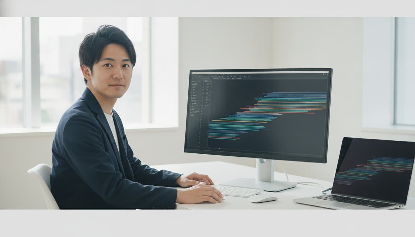 テキストエディタで規約ファイルを開いた画面の前で、こちらを向いている男性