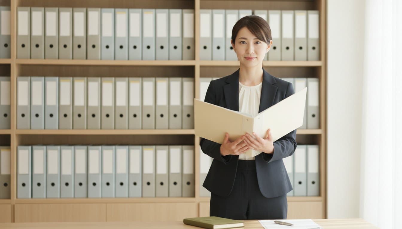 書類のファイルが並んだ棚の前で、1冊を開いてこちらを向いている女性