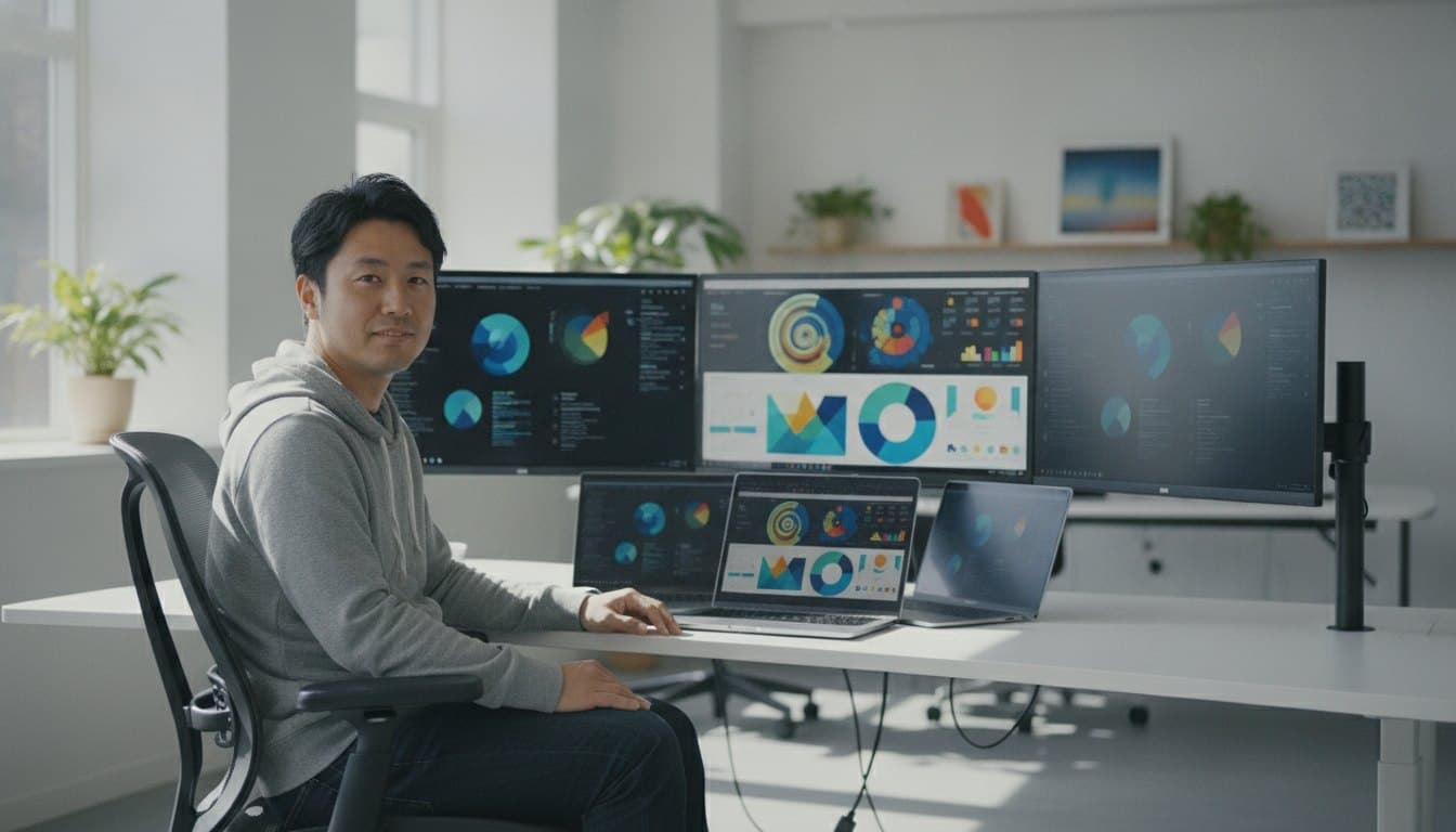 複数のサービスの画面を並べたディスプレイの前で、こちらを向いている男性
