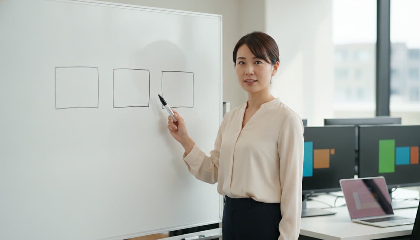 ホワイトボードに3つの枠を書いて仕分けをしながら、こちらを向いている女性