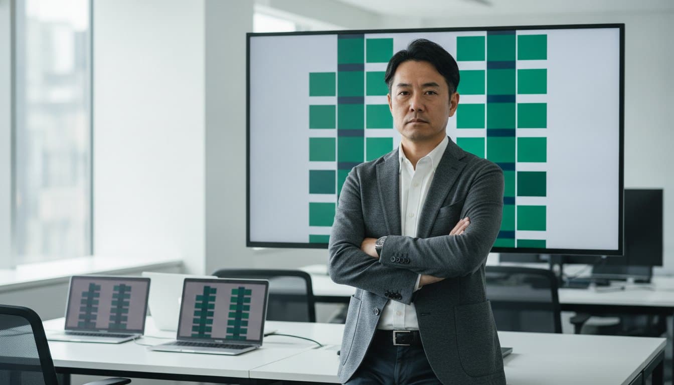 検査の結果が並んだ画面を背に、こちらを向いて腕を組んでいる男性