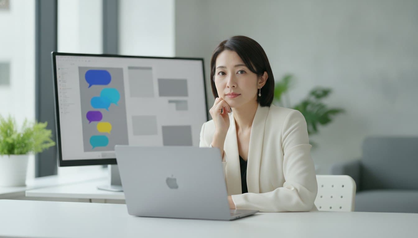 レビューコメントが並んだ画面の前で、こちらを向いて考えている女性